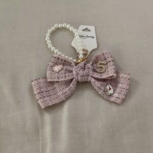 Pink Tweed Bow Keychain with Pearl Handle
